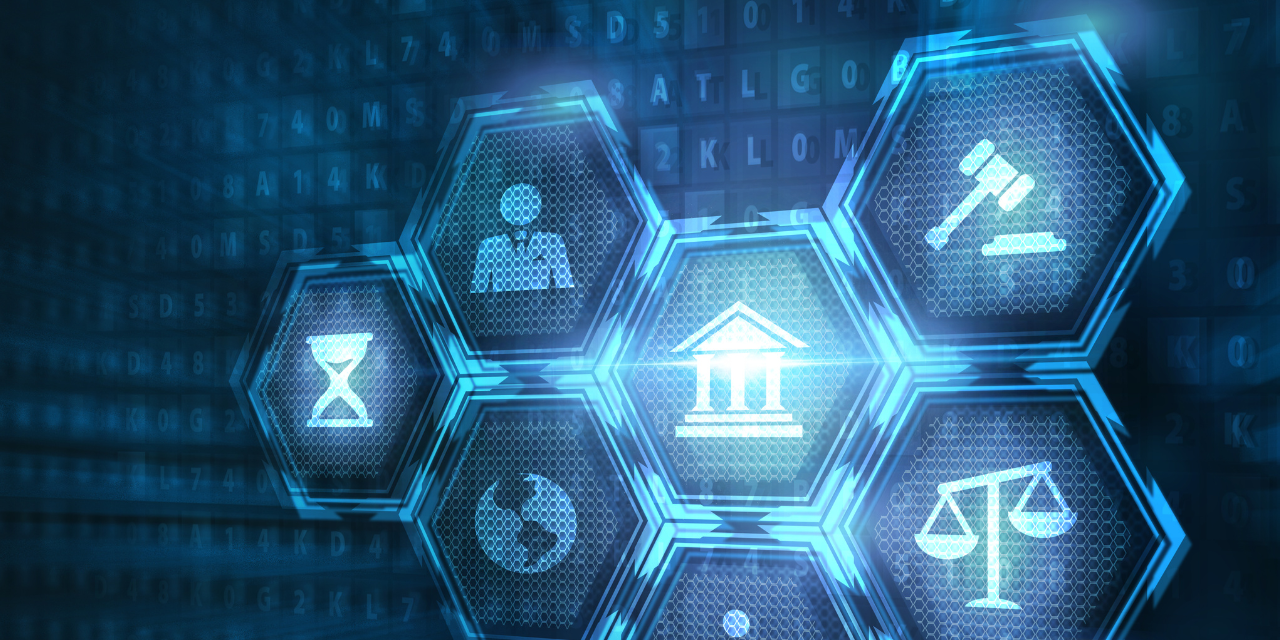 Legal technology and services icons on a blue background.