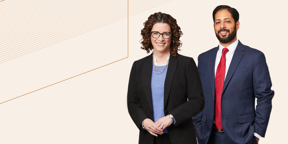 Composite graphic featuring Katie Costigan and Karan Saberwal